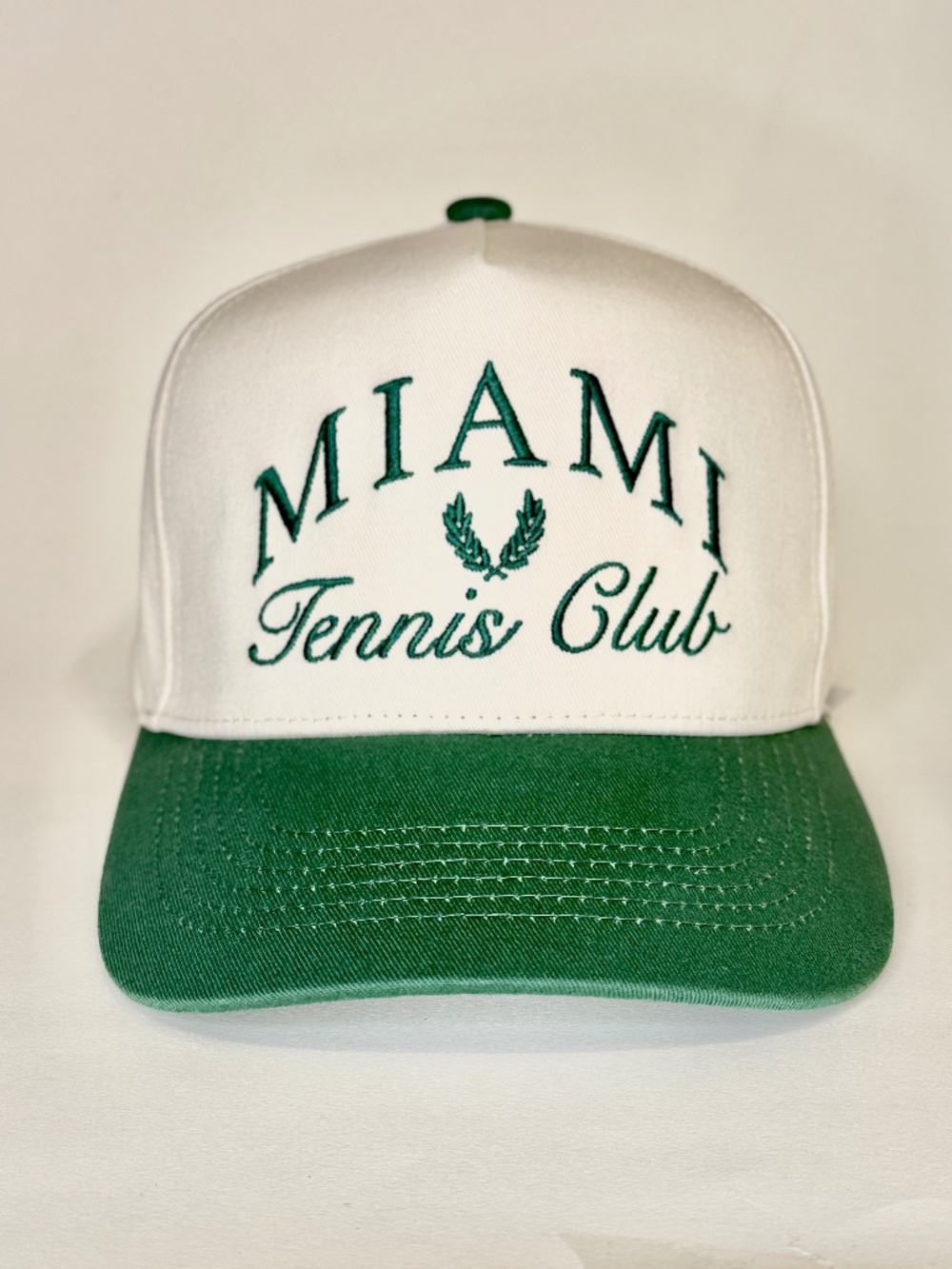Miami Tennis Club Vintage-Style Snapback Hat. Green & Creme White retro Cap